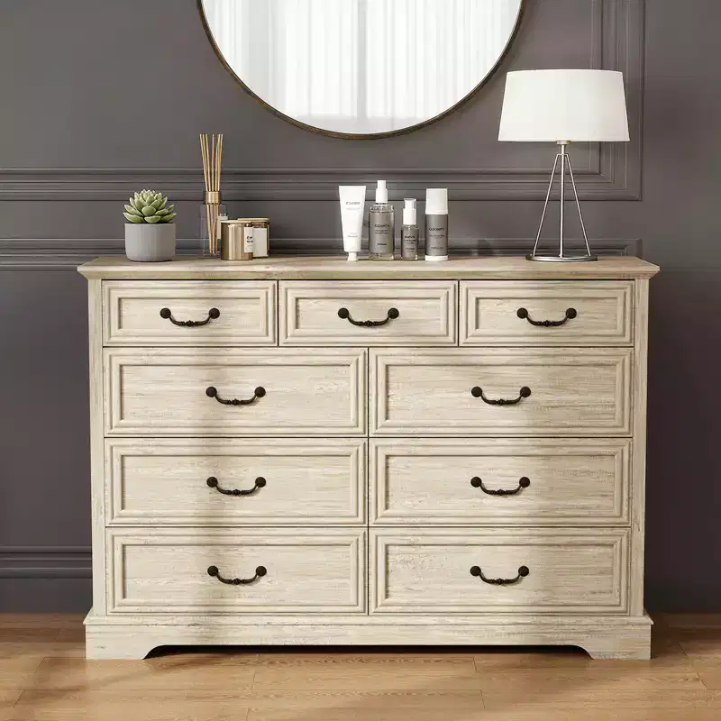 9 Drawer Farmhouse Dresser, Rustic Chest of Drawers with Ample Storage, Solid Wood Look & Metal Handles, Bedroom Clothes Organizer