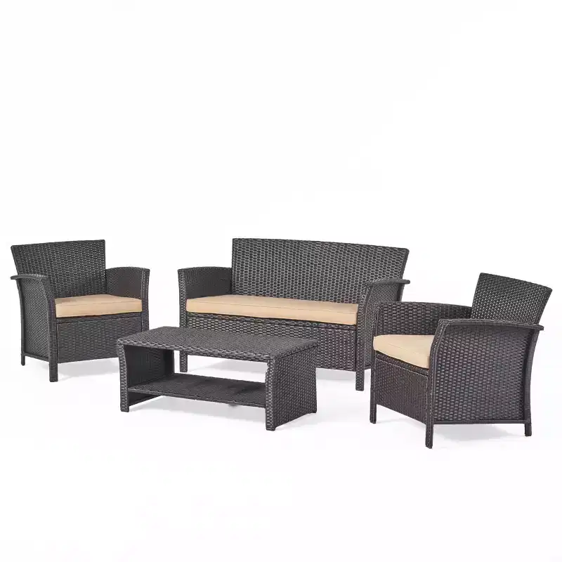 GDFStudio Clearwater Outdoor Wicker 4 Seater Chat Set with Cushions