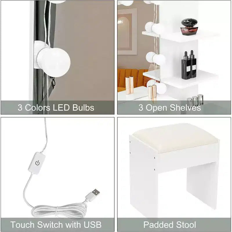 Karl Home | White LED Makeup Vanity Set With Adjustable Lighting, Cushioned Stool, And Spacious Storage
