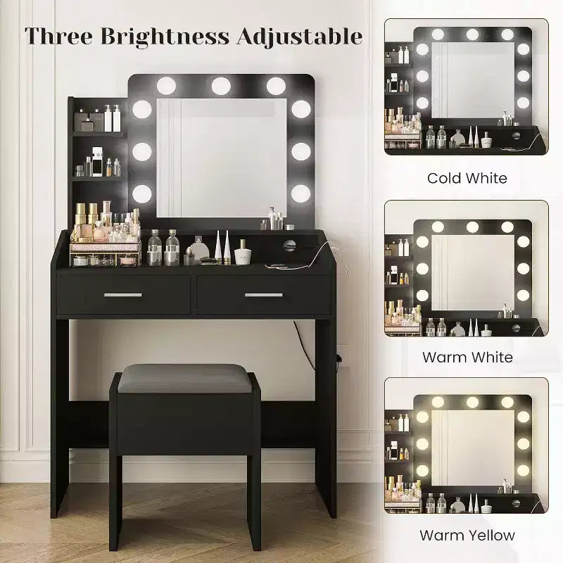Vanity Desk with Mirror, Makeup Vanity with Cushioned Stool, 3 Lighting Modes Adjustable Brightness