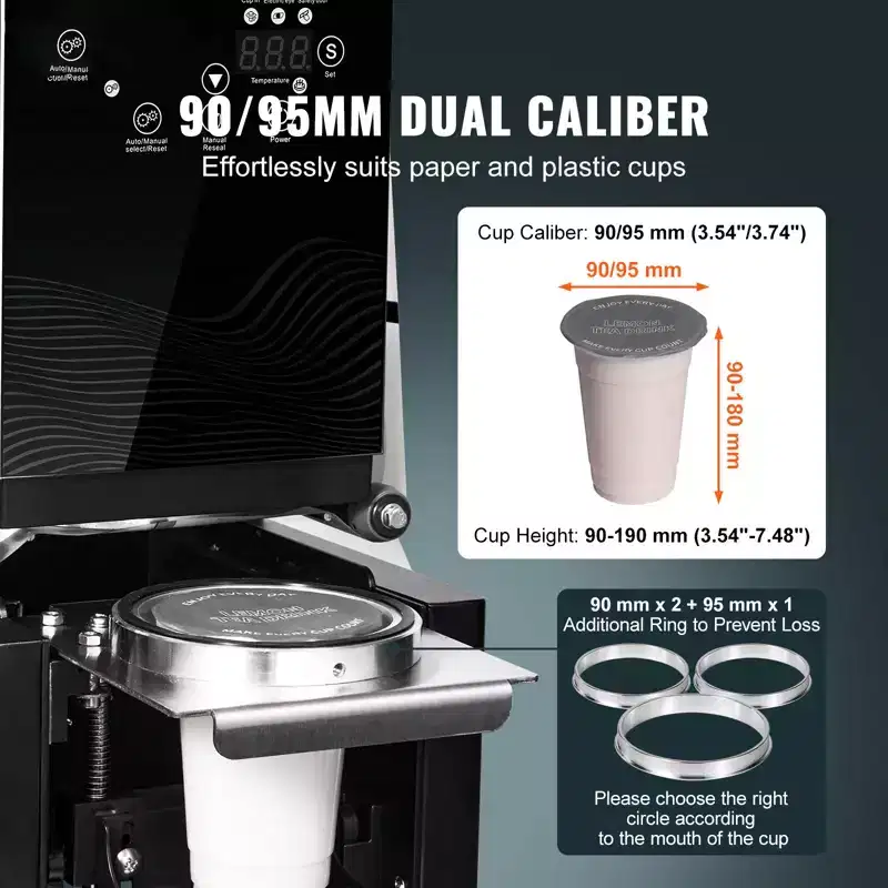 VEVOR Fully Automatic Cup Sealing Machine, 500-650 Cups/H, Cup Sealer Machine for 190 mm Tall & 90/95 mm Cup, with Digital Control LCD Panel, Black