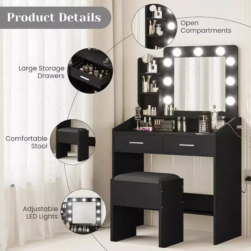 Vanity Desk with Mirror, Makeup Vanity with Cushioned Stool, 3 Lighting Modes Adjustable Brightness