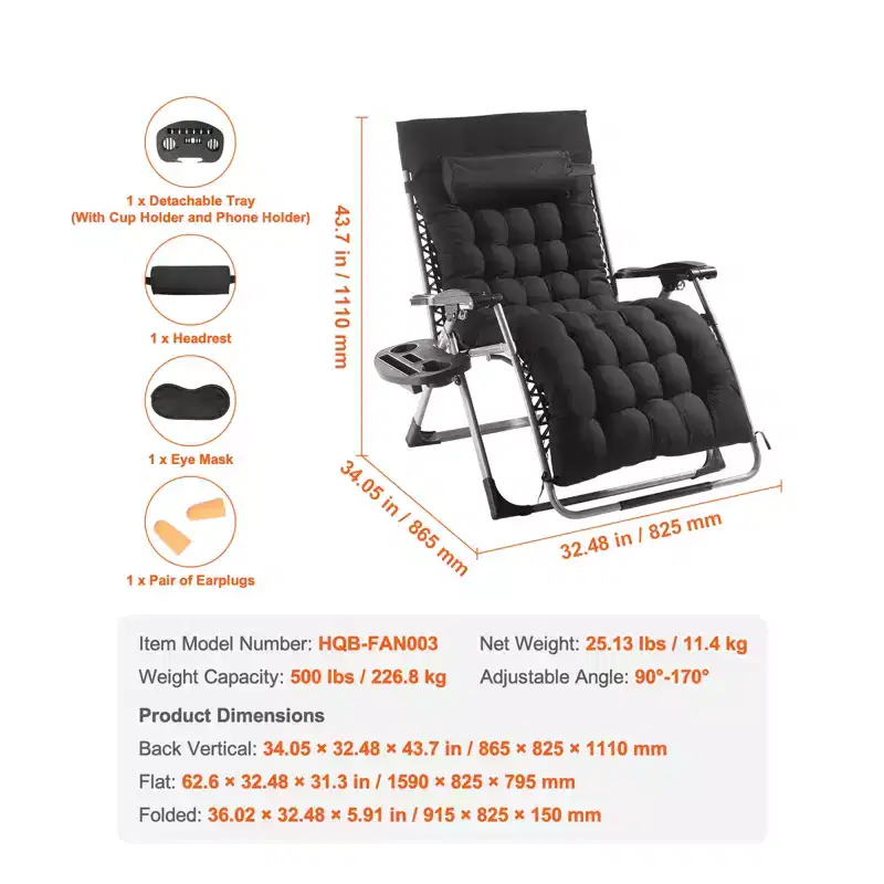 VEVOR Zero Gravity Chair, 33 inch Zero Gravity Recliner Lounge Chair for Indoor and Outdoor, Adjustable Anti Gravity Chair, 500 lbs, Black