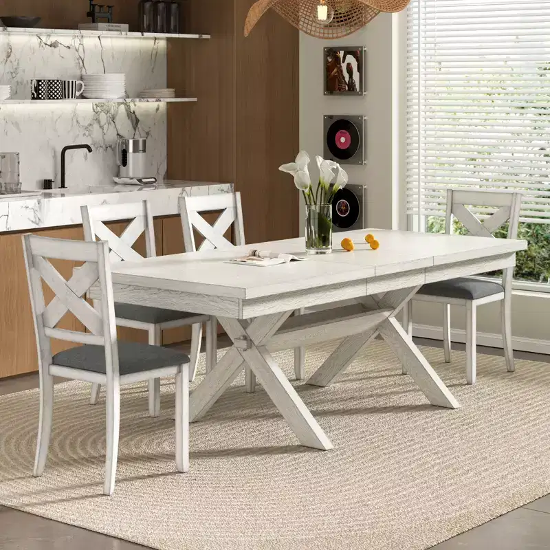 VECELO Rustic 6-Piece Extendable Dining Table Set, Rubber Wood Table with 4 Armless Upholstered Dining Chairs and Bench for Kitchen, Gray