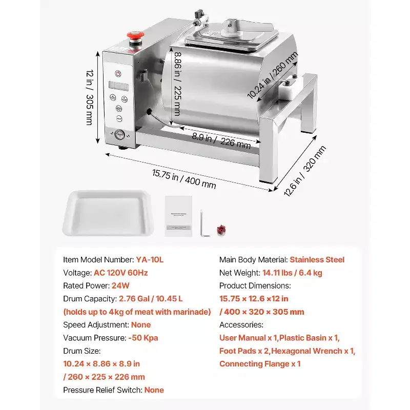 VEVOR Meat Tumbler Marinator, 10L Vacuum Tumbler Marinating Machine with Automatic Bidirectional Rotation, Silver