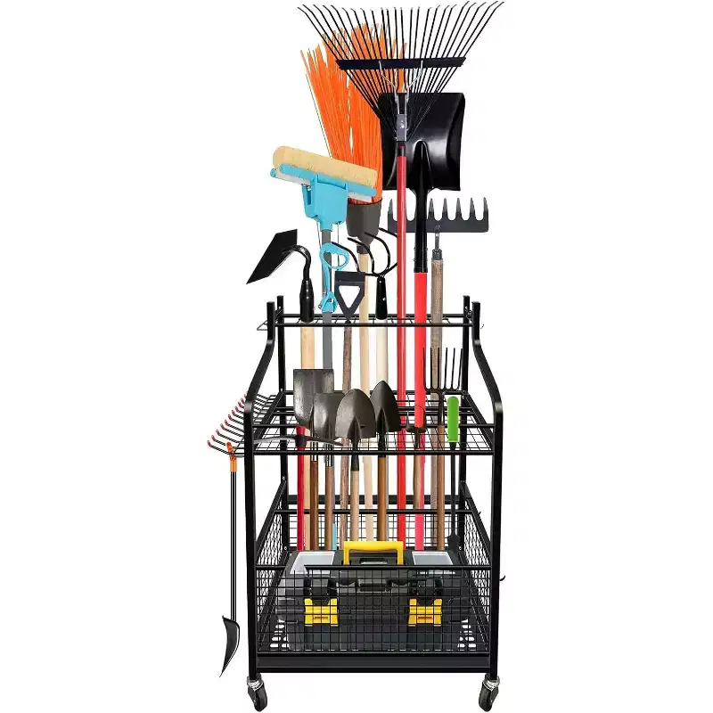 Vertical Wheeled Garden Tool Organizer with Shelves & Baskets - For Garden Tool Storage