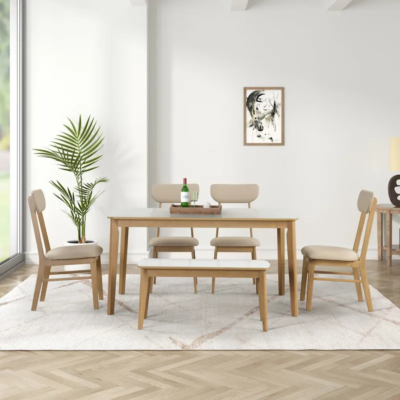 6-piece Rectangular Dining Table Set with 4 Upholstered Dining Chairs and Bench Modern Casual Dining Table Set for Kitchen