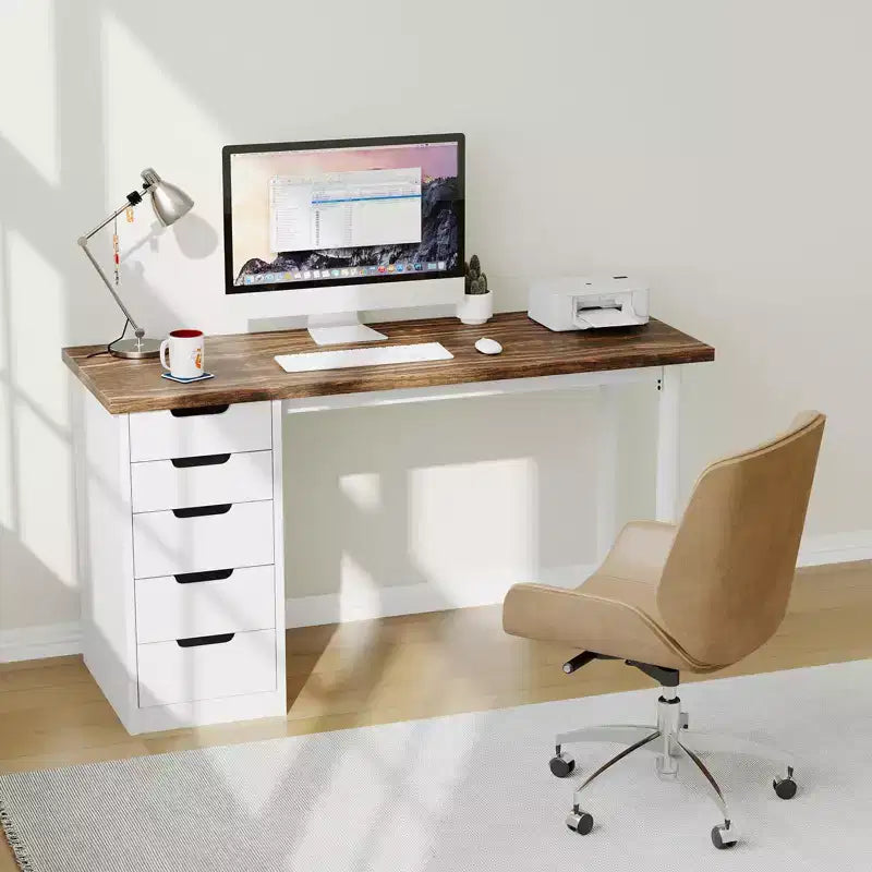 47 Inch Computer Desk with 5 Storage Drawers, Reversible Modern Rustic Study Writing Table, Home Office Workstation for Small Spaces