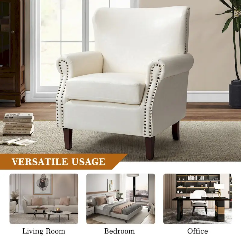 Transitional Leather Armchair with Nailhead Trim Rolled Arms