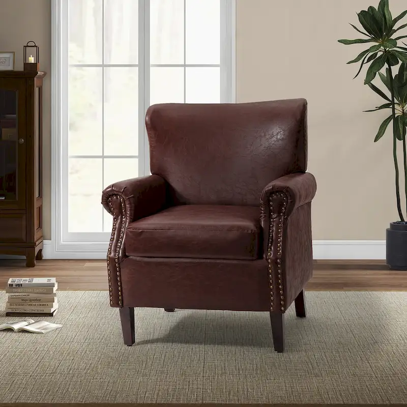 Transitional Leather Armchair with Nailhead Trim Rolled Arms