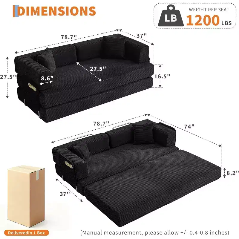 Convertible Couch, Folding Sofa Bed with 2 Pillows, Plush Corduroy Boneless Convertible Sofa, No Assembly Required for Living Room, Bedroom