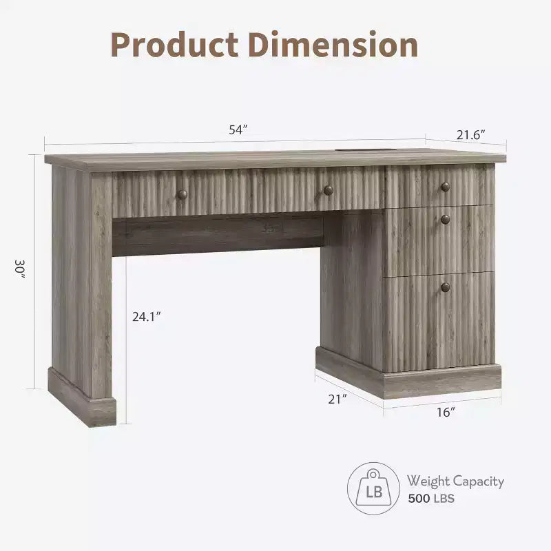 Fluted Home Office Desk Storage, 54 Modern Executive Desk with Charging Station, Wooden Computer Writing Desk with File Drawers for Study Room
