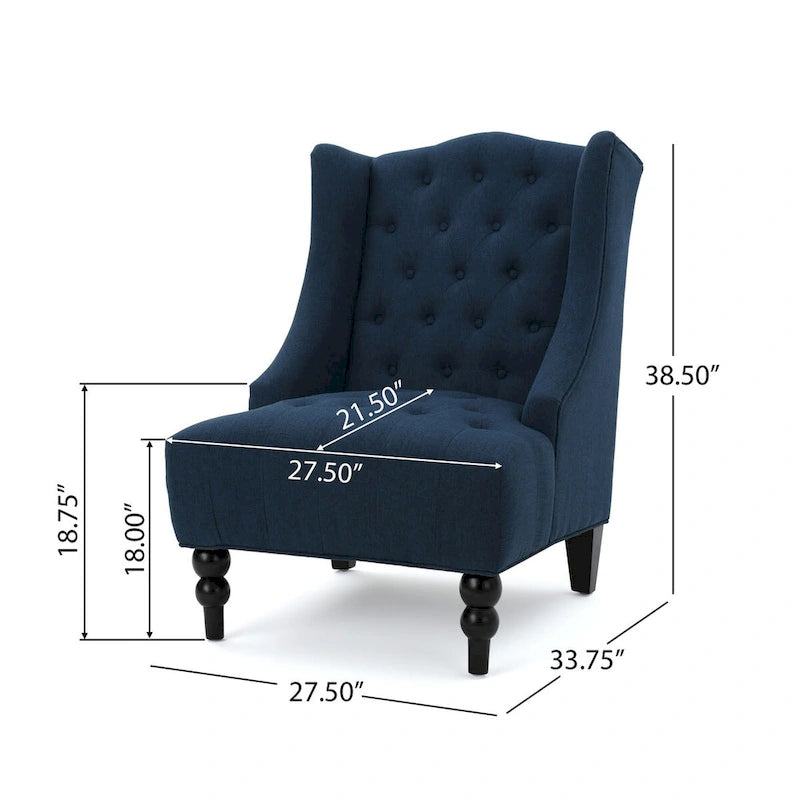 Upholstered Wingback Chair – Blue / Navy / Silver / Green, Button-Tufted Diamond Stitch, Birch Legs, Seats 1