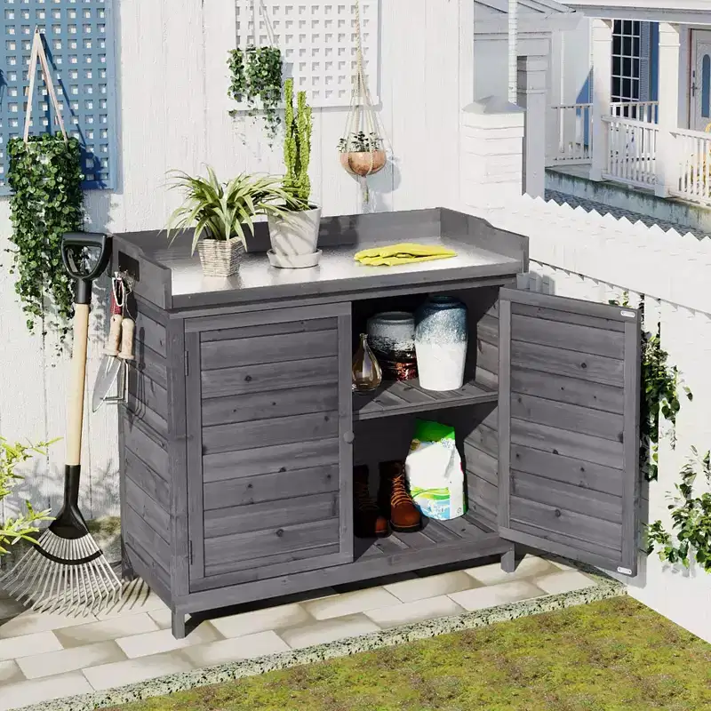 Outdoor Potting Bench with 2-Tier Shelves & Side Hooks, Galvanized Tabletop, Garden Workstation