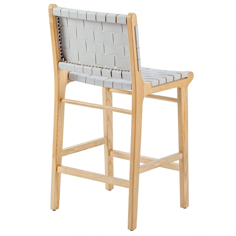 Woven Leather Counter Height Bar Stool, Ash Wood Frame, No Assembly