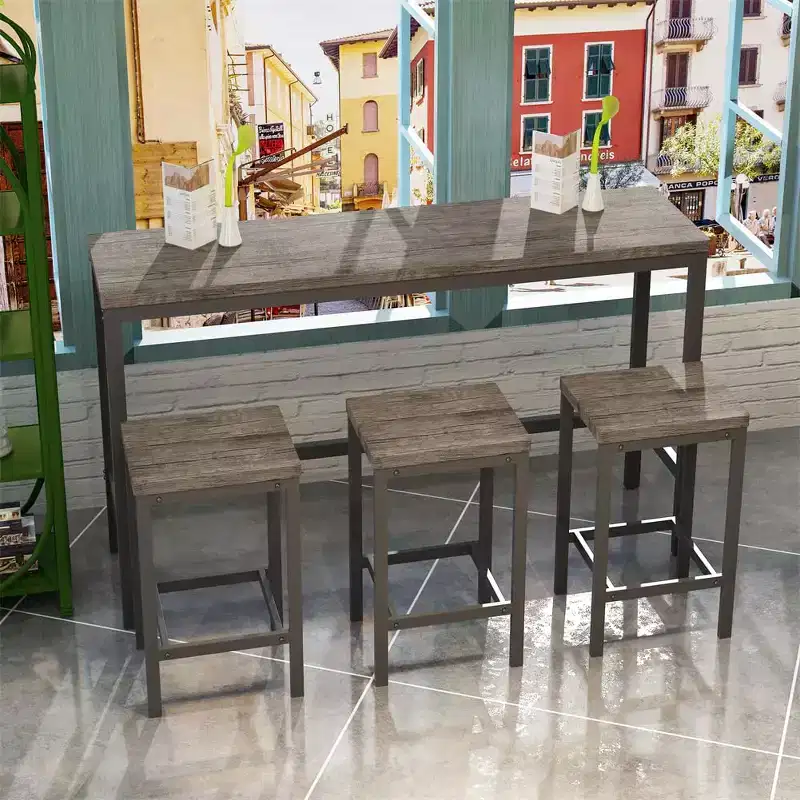 4-Piece Bar Table Set, Modern Rectangular Pub Table & 3 Stools, for Kitchen, Breakfast Nook, Living Room, Apartment  Brown & Gray