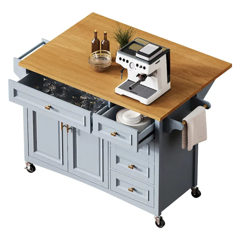 White Drop Leaf Kitchen Island Cart for 1–2 Person, No Stool