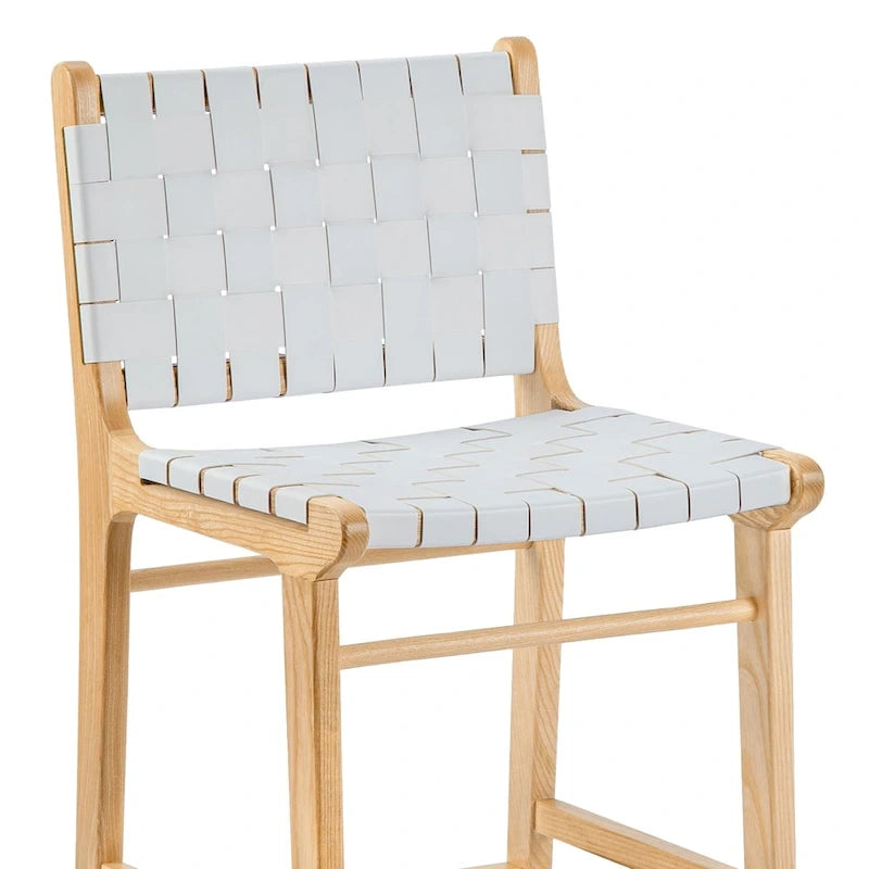 Woven Leather Counter Height Bar Stool, Ash Wood Frame, No Assembly