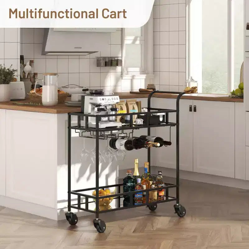 COZONY 2 Tier Bar Cart with Wine Rack and Glass Holder, Mirrored Mobile Serving Cart with Wheels for Kitchen Living Room