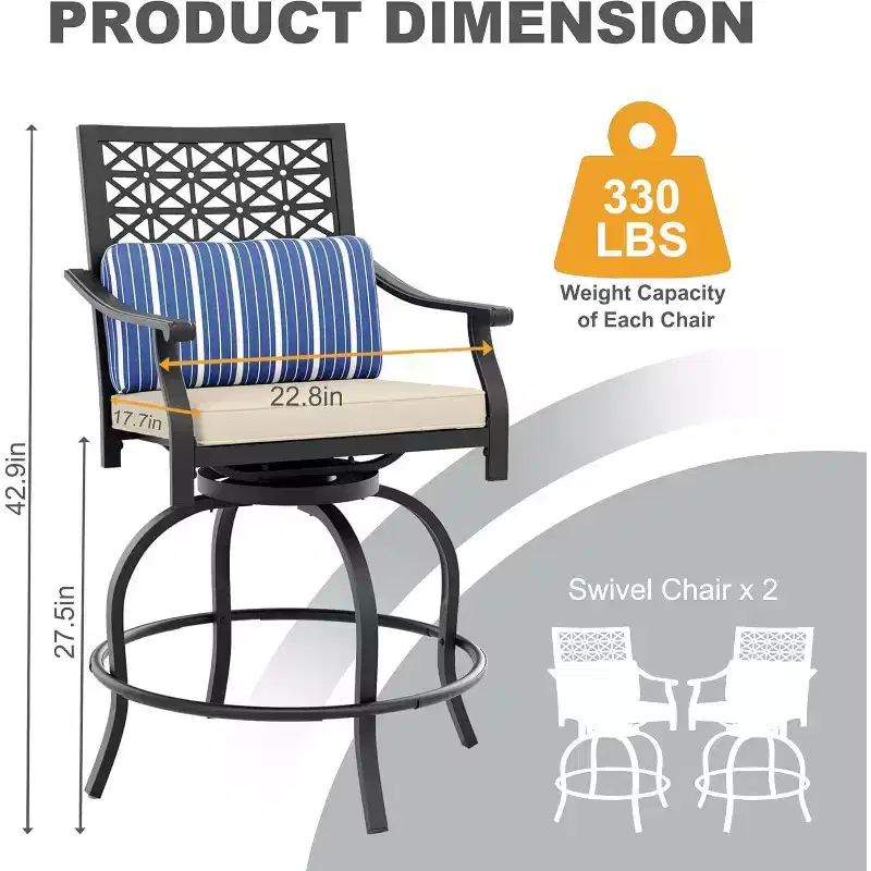 Acekool 2-Pack Outdoor Swivel Bar Stools with Cushions, 360 Rotating Counter Height Patio Chairs with Armrest & Backrest