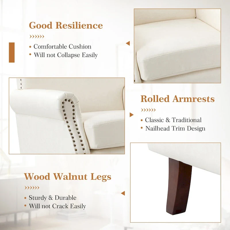 Transitional Leather Armchair with Nailhead Trim Rolled Arms