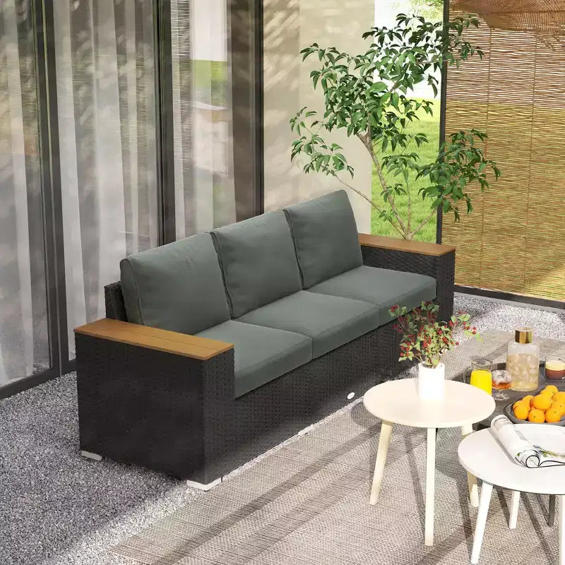 3-Seat Outdoor Patio Sofa with Cushions, PE Rattan Wicker Sofa with Wide Armrests, Outdoor Wicker Couch