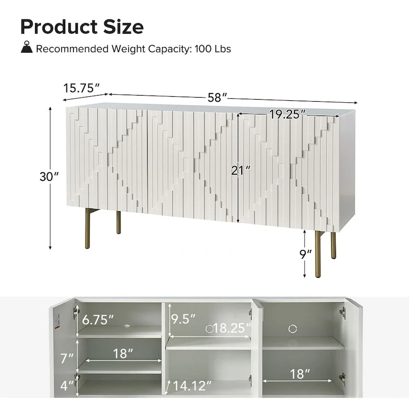Modern 58 Wide Sideboard with Cable Management & Adjustable Feet