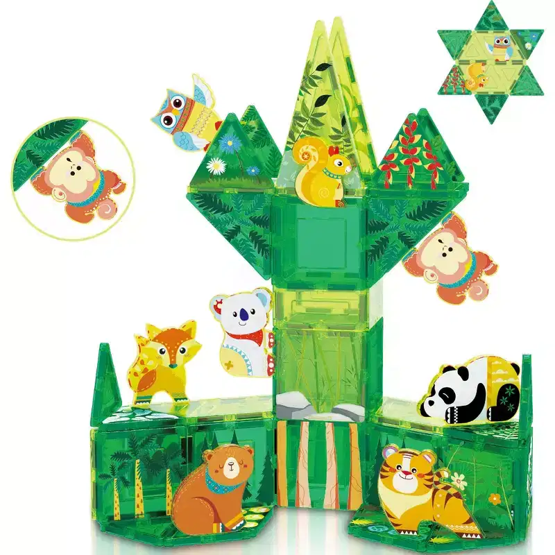 PICASSO-TILES Magnetic Tiles for Kids  Forest Animals Theme 48PCS STEM Construction Building Blocks Educational Toy