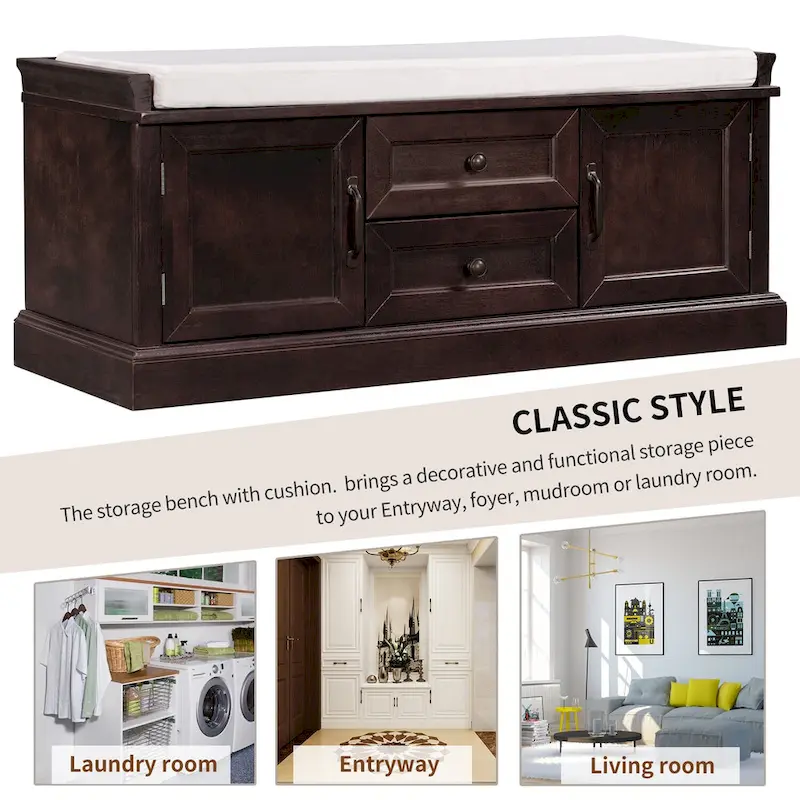 Storage Shoes Bench with 2 Drawers, 2 Cabinets and Removable Cushion