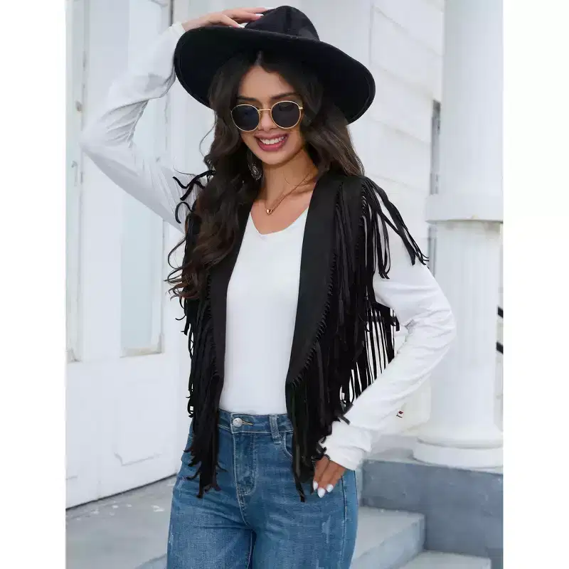 Coolmee Women's Casual Tassel Shawl Waistcoats Solid Sleeveless Fringe Shawl Open Front Cropped Boho Western Shawl Cardigan M Black