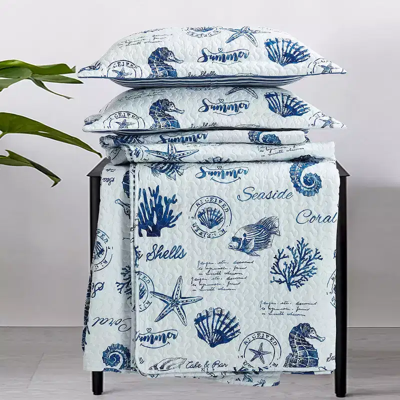 Egyptian Linens Seaside Sea Shells Quilt - Bedspread Set