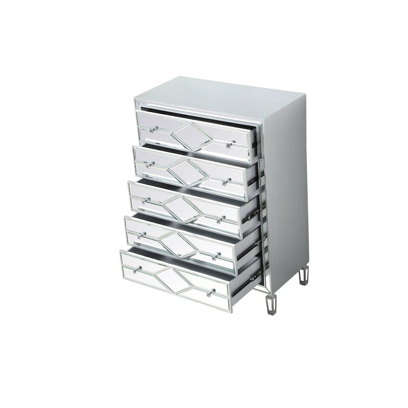 5-Drawer Chest – Antique White / Silver, Beveled Mirror Panels, Crystal Knobs, Hand-Painted Finish