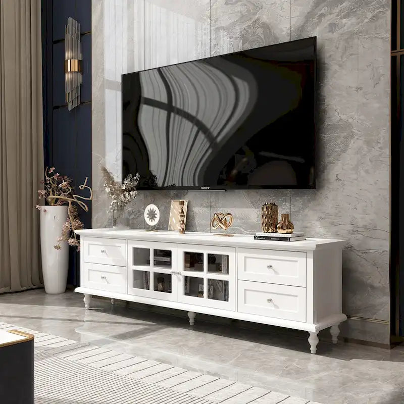 70.9-Inch TV Stand &ndash; White, Modern Style, Tempered Glass Doors & 4 Drawers