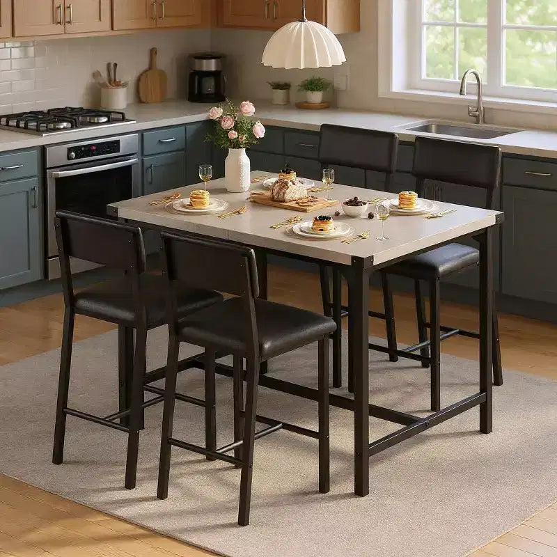 Dining Table Set, Counter Height Table with 4 Upholstered Bar Stools