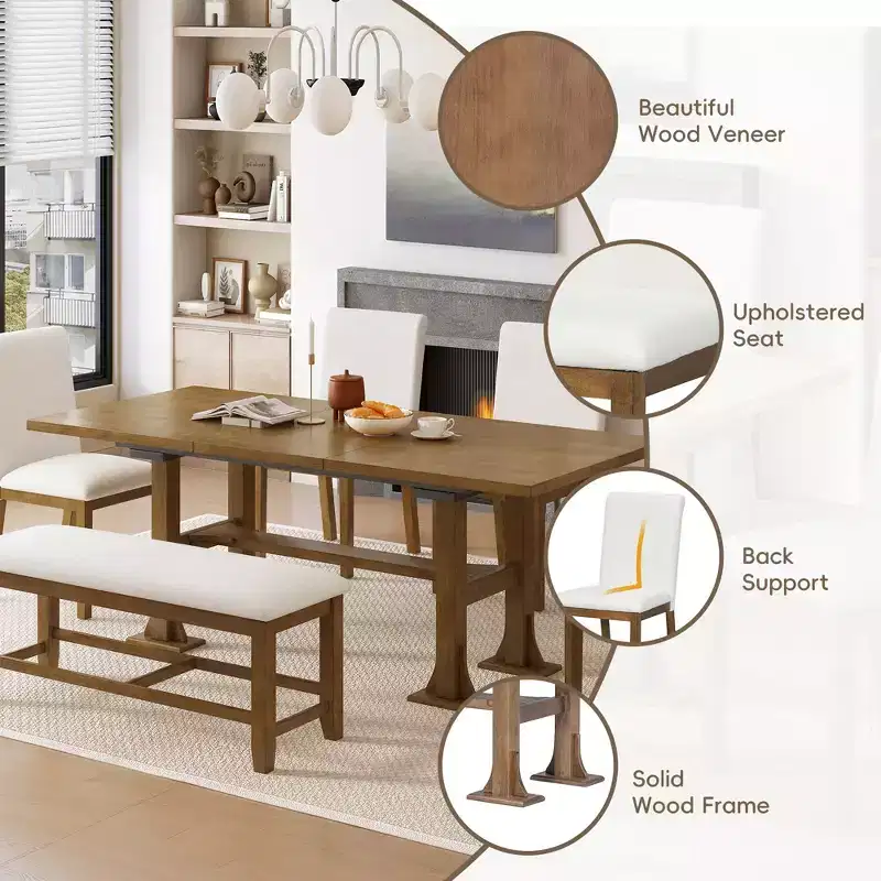 6 Pieces Dining Table Set with Bench for 6, Kitchen Table Set with Storage Drawer and 4 Upholstered Dining Chairs