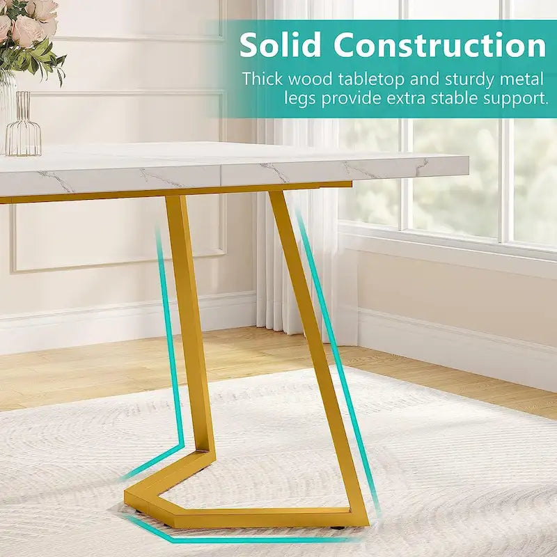 Dining Table – White & Gold / Brown / Grey, Faux Marble Top, Metal Frame, Adjustable Feet, Modern Style