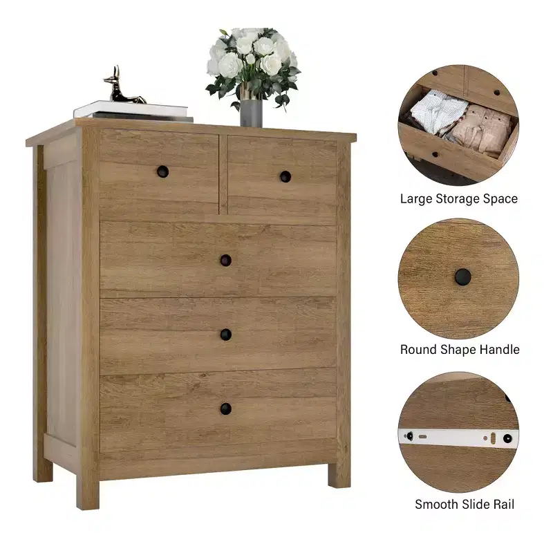 5-Drawer Fluted Dresser with Gold Metal Handles and Legs