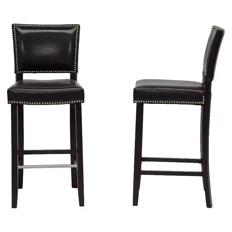 Black Vinyl Bar Stool with Nail Head Trim, Mid Back, Set of 2