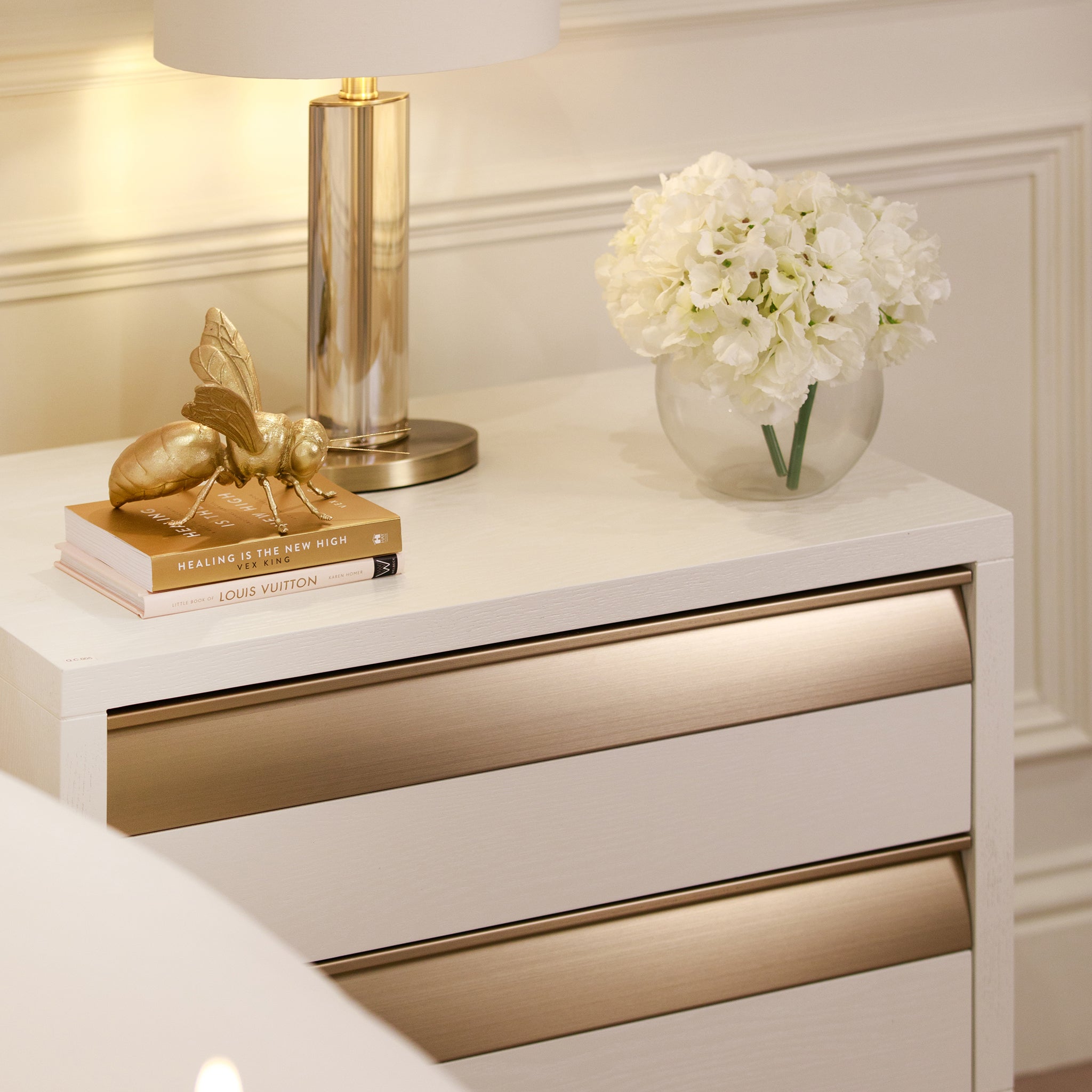 White & Bronze Large Bedside Table