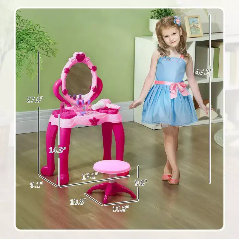 Kids Vanity Table Set with Light-Up Mirror Stool and 15 Accessories Pink
