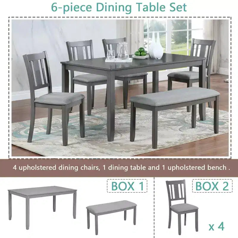 MAYEERTY 6-Piece Dining Set for 6, Wooden Rectangular Table + 4 Upholstered Chairs & Bench, Gray