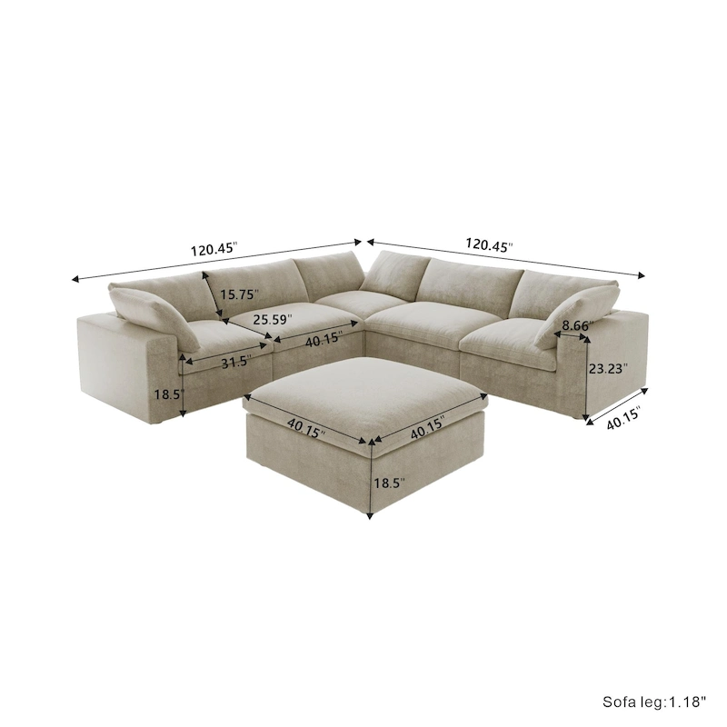Large Down Filled Corner Sectional Sofa Couch with Ottoman for Living Room Set