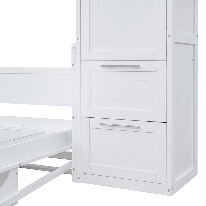 Full Size Murphy Bed – White, Wall-Fold, Built-in Shelf, Side Wardrobe & 2 Drawers, Sleeps 1