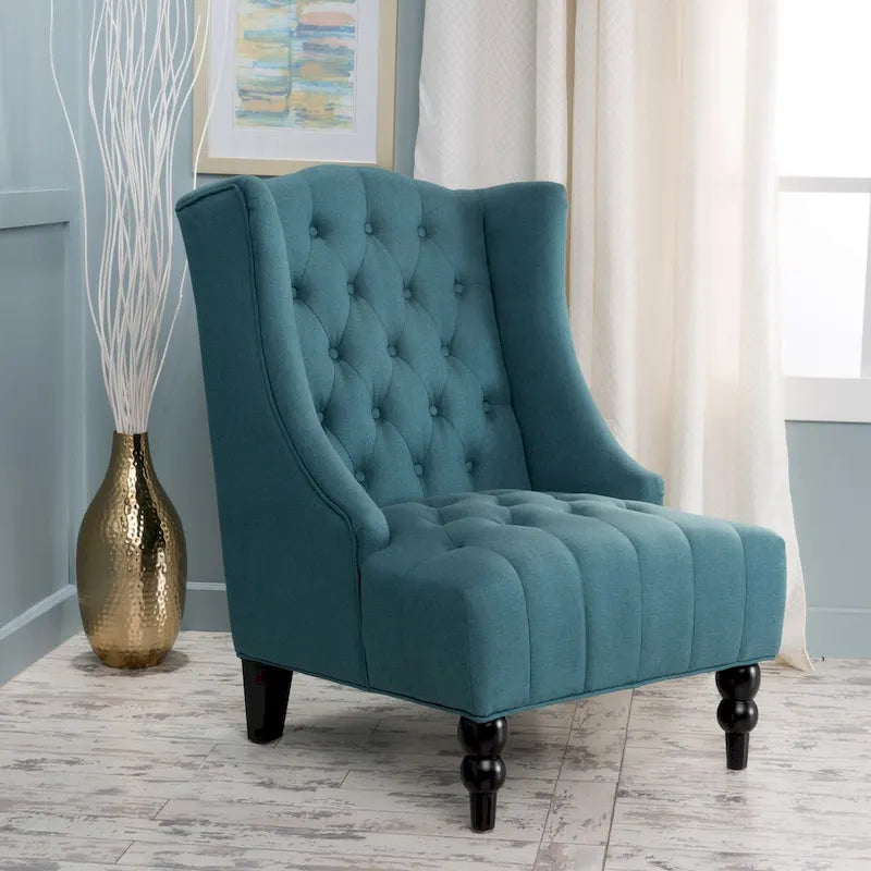Upholstered Wingback Chair – Blue / Navy / Silver / Green, Button-Tufted Diamond Stitch, Birch Legs, Seats 1