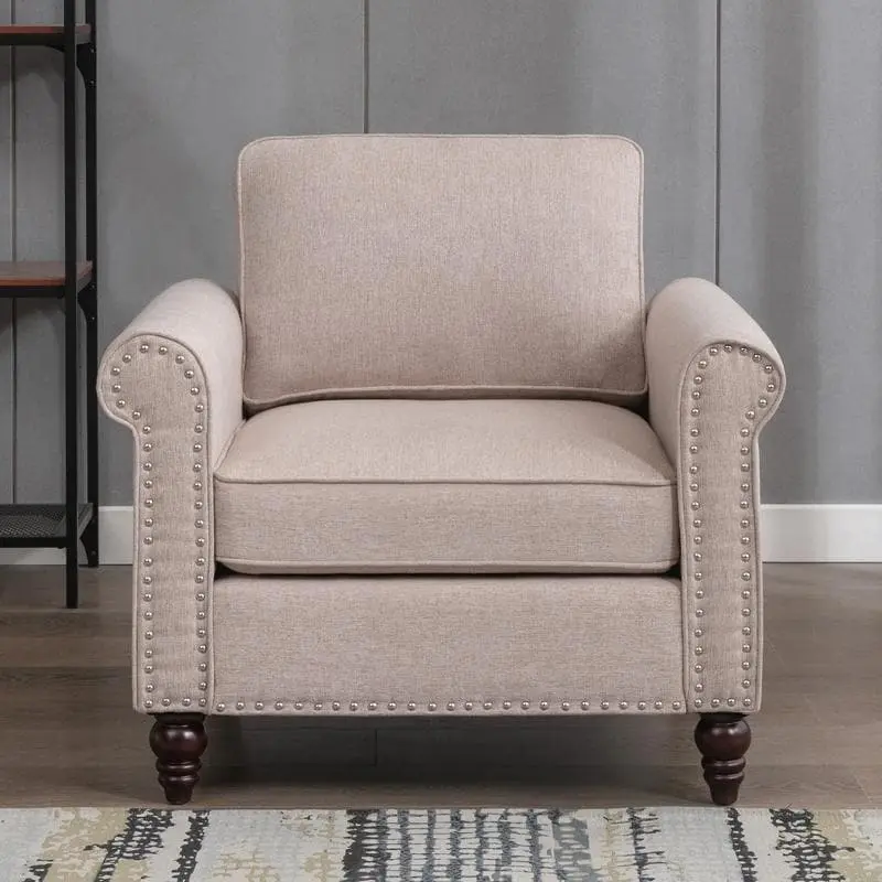 Modern Linen Sectional Single Sofa with Solid Wood Frame & Pocket Coils