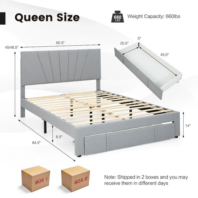 Linen Platform Bed Frame – Grey, Adjustable Headboard, 1 Pull-Out Drawer, Full / Queen, Sleeps 1