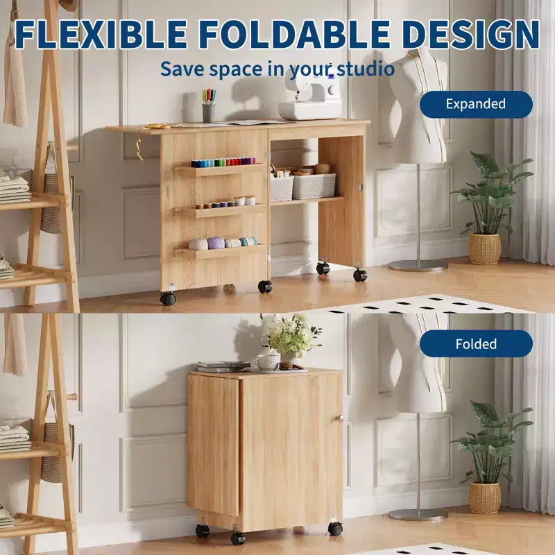 Folding Sewing Table and Compact Craft Station with Lockable Wheels, Sewing Machine Desk with Storage Shelves, Trays and Pegs