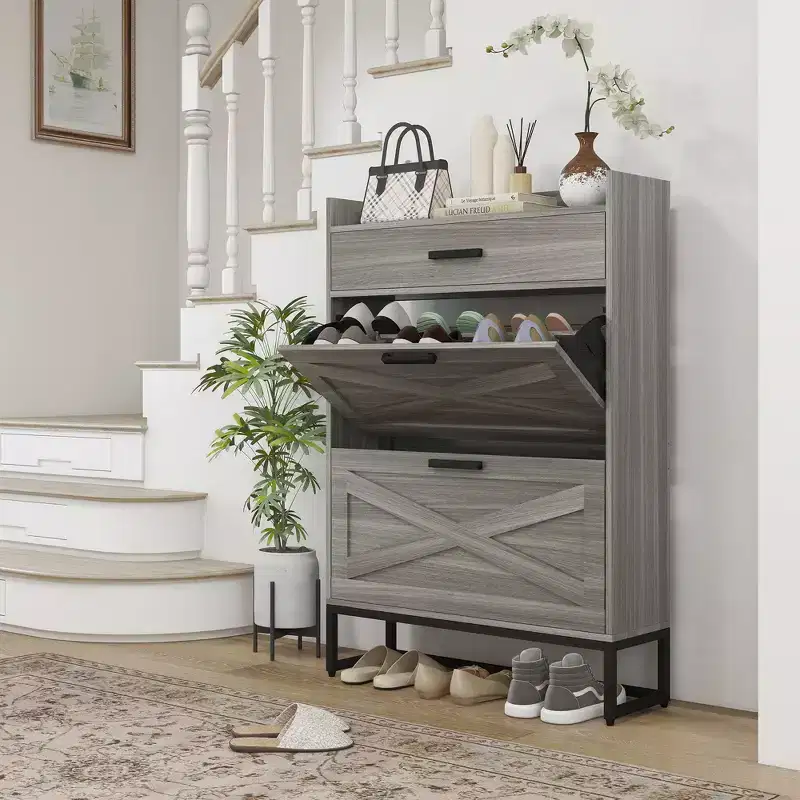 Slim Industrial Shoe Cabinet - 2 Flip Drawers, Adjustable Shelves, Holds 12 Pairs