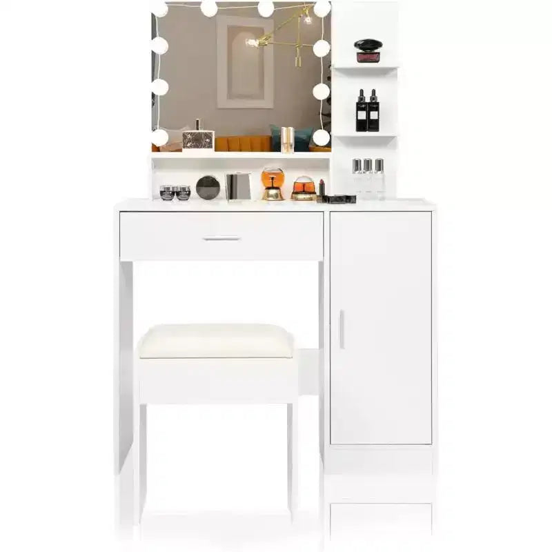 Karl Home | White LED Makeup Vanity Set With Adjustable Lighting, Cushioned Stool, And Spacious Storage