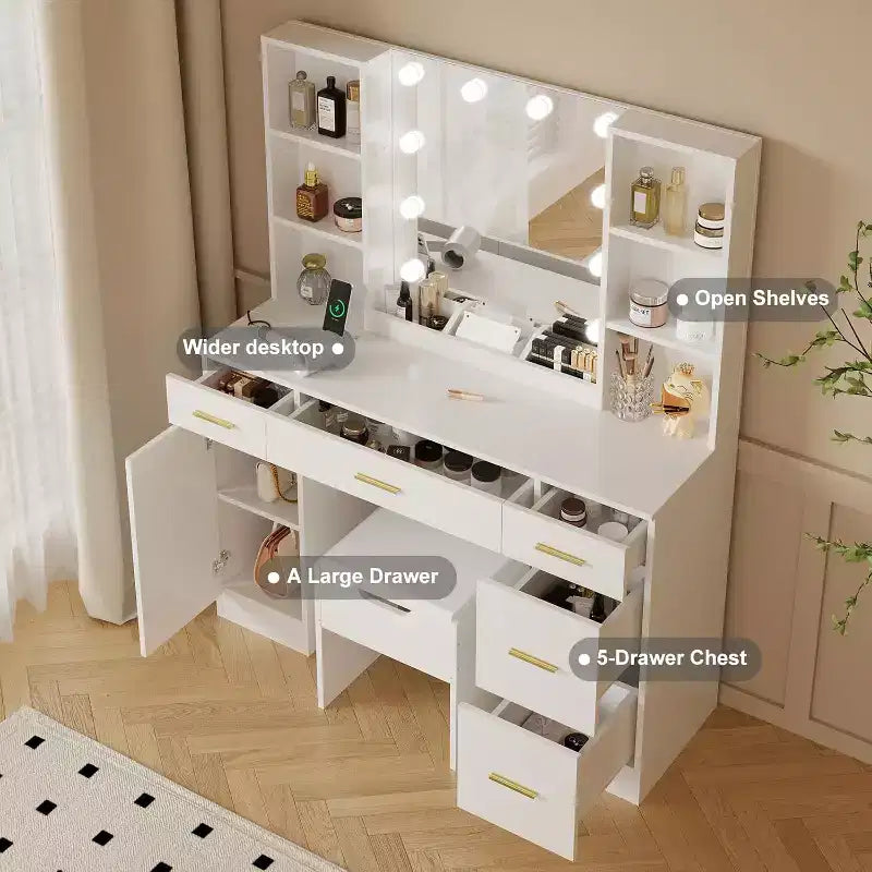 Vanity Desk with LED Mirror, 5 Drawers and 6 Open Shelves, Adjustable Lighting, Dressing Table